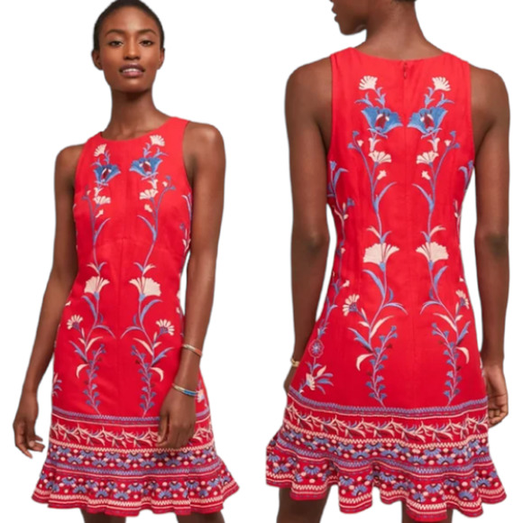 Anthropologie Dresses & Skirts - AKEMI + KIN Lila Embroidered Floral Ruffle Hem Tank Dress Red White Blue Medium